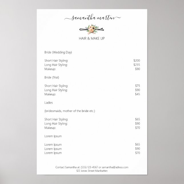 Poster Friseur Haarnadel Blumen Preishear (Frente)