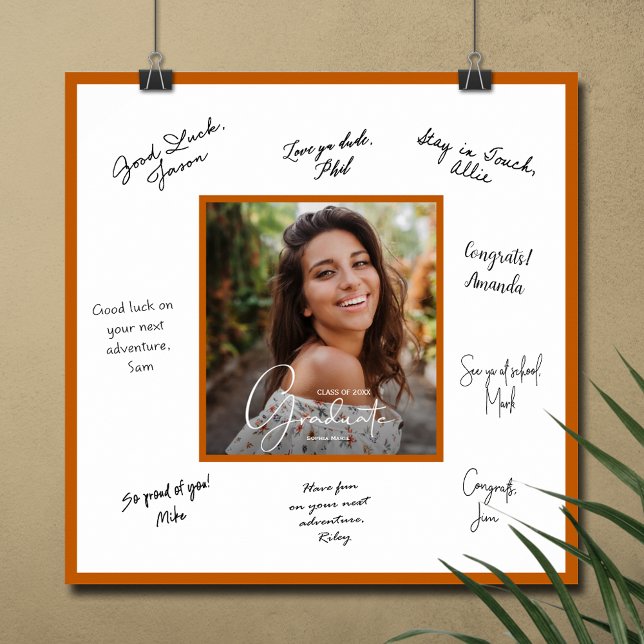 Poster Fronteira de Laranja Queimada do Autógrafo de Form (Graduation autograph photo poster with burnt orange border, INSTANT DOWNLOAD and/or PRINTED)