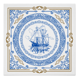 Póster Fronteira decorativa de navio azul real antiga da