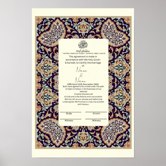 Poster Fronteira floral islâmica Certificado Nikkah (Frente)