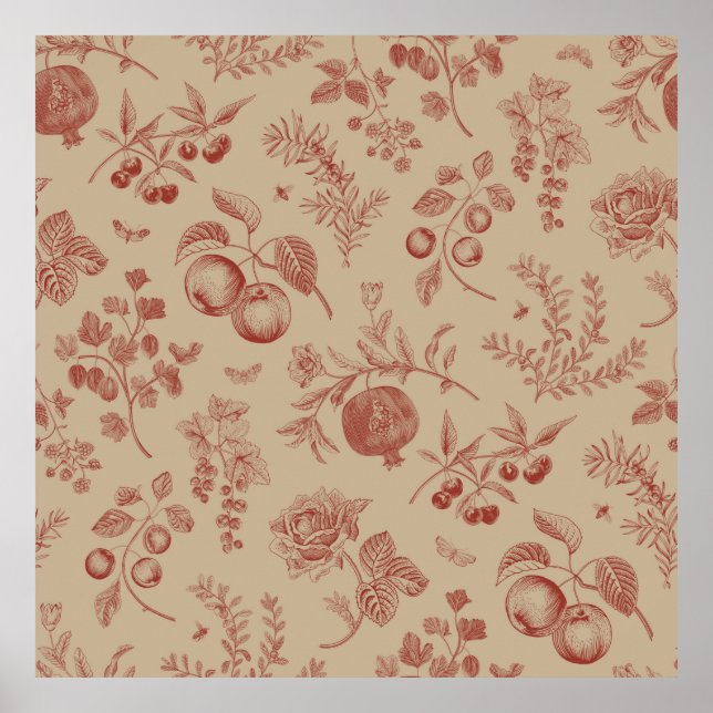 Poster Fruta, baga e flores. Padrão sem costura do outono (Frente)