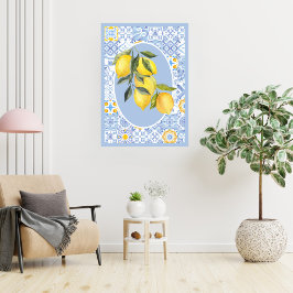 Poster Fruta de limão, azulejos azuis inspirados na Europ