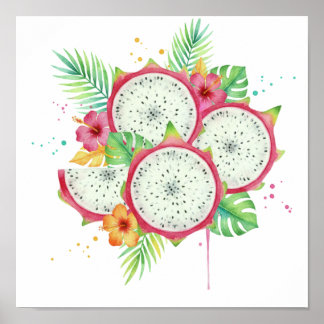Poster Fruta do Dragão em Aquarela & Hibisco Tropical