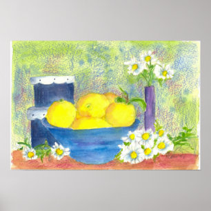 Poster Fruta Lemon Bowl Daisy Vintage Hatbox Aquarela