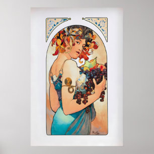 Poster Fruta por Alphonse Mucha Arte Nova Antiga de Alta