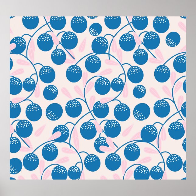 Poster Frutas azuis, folhas cor-de-rosa, design sem costu (Frente)
