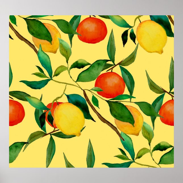 Poster Frutas de citros, padrão de aquarela vibrante. (Frente)