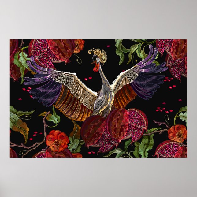 Poster Frutas de romã, aves-guindaste e aves selvagens (Frente)