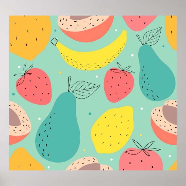 Poster Frutas desenhadas à mão, padrão decorativo sem cos (Frente)