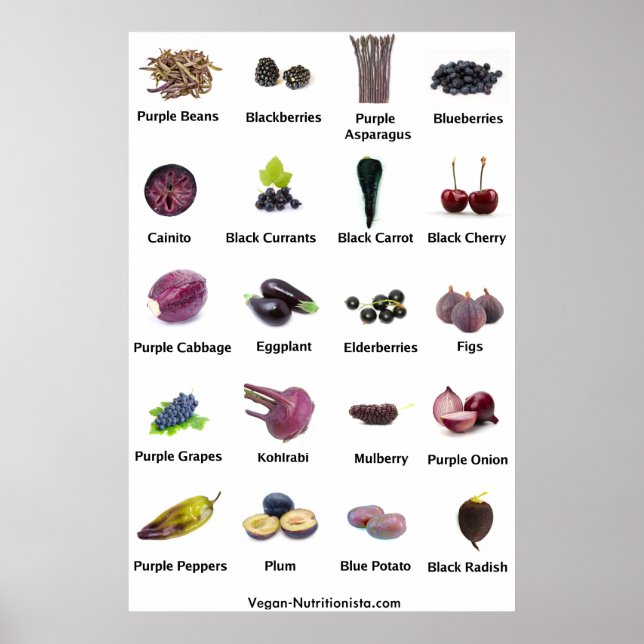 Póster Frutas e produtos hortícolas de roxo e azuis (Frente)