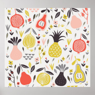 Poster Frutas, flores: padrão sem costura.