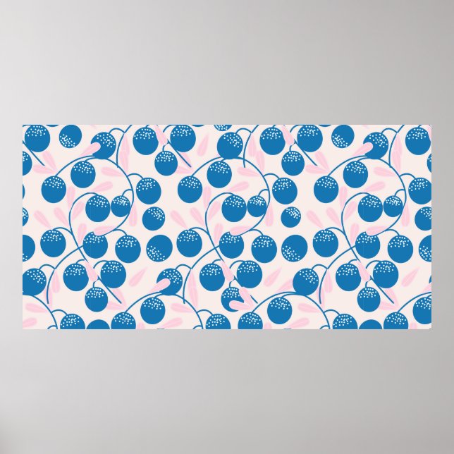 Poster Frutas redondas azuis com folhas cor-de-rosa, sem  (Frente)