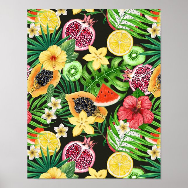Poster Frutas tropicais, flores e folhas a preto (Frente)