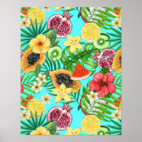 Frutas tropicais, flores e folhas em azul
