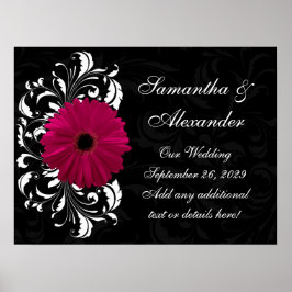 Póster Fuchsia Scroll Gerbera Daisy w/Black and White