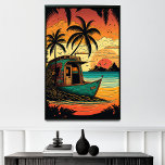 Poster Fuga às Cabanas de Coral Reef Beach de Fiji<br><div class="desc">O Sunset Paradise é uma ilha tropical artística e colorida, uma verdadeira fuga do moinho diário. O estilo deco-arte pop das cabanas de praia, cercadas por palmeiras e coqueiros, estabelece o cenário para relaxamento e aventura. O recife de coral e a sua diversa vida marinha são um prazer para os...</div>