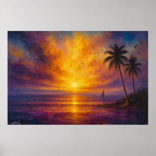 Poster Fuga do Pôr do Sol no Oceano - Céu Vibrante com Ve