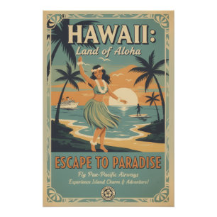 Póster Fuga para o Paraíso Terrestre Havaiano Vintage