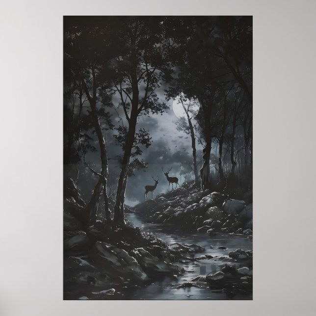 Poster Full Moon Dark Forest with Fawn Deer Art Dark (Frente)