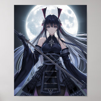 Poster Full Moon Samurai — Elegant Dark Anime Warrior Gir