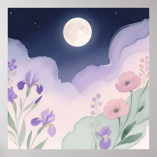 Poster Full Moon Watercolor Iris Floral Night (Frente)