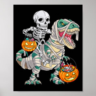 Poster Fun Skeleton Riding Mummy Dinosaur T rex Halloween