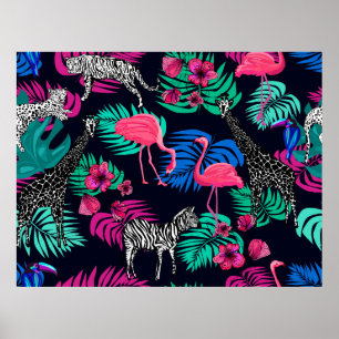 Poster fundo africano colorido, girafa, leopardo, tige