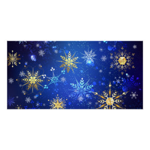 Póster Fundo Azul de NATAL com Flocos de Neve Dourados