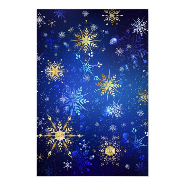 Póster Fundo Azul XMAS com Flocos de Neve Ouro (Frente)