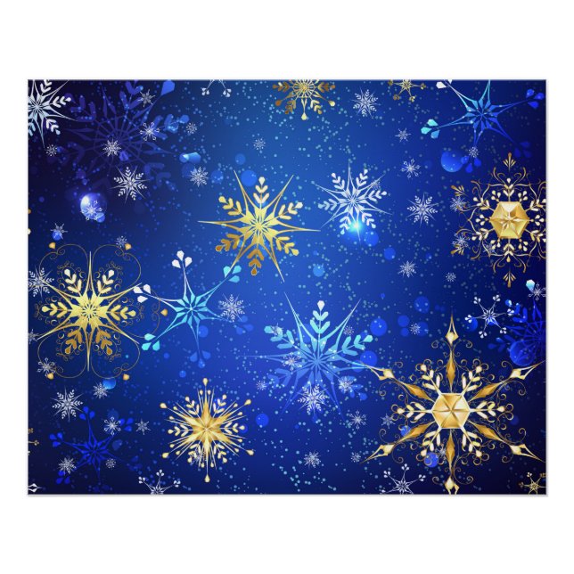 Póster Fundo Azul XMAS com Flocos de Neve Ouro (Frente)