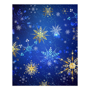 Póster Fundo Azul XMAS com Flocos de Neve Ouro