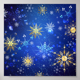 Poster Fundo Azul XMAS com Flocos de Neve Ouro