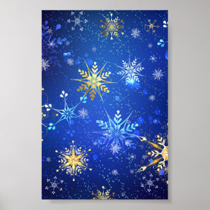 Poster Fundo Azul XMAS com Flocos de Neve Ouro
