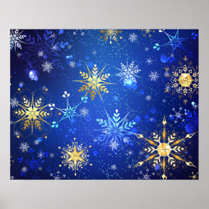 Poster Fundo Azul XMAS com Flocos de Neve Ouro