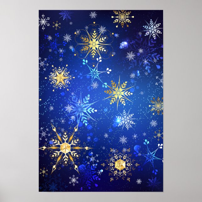 Poster Fundo Azul XMAS com Flocos de Neve Ouro (Frente)