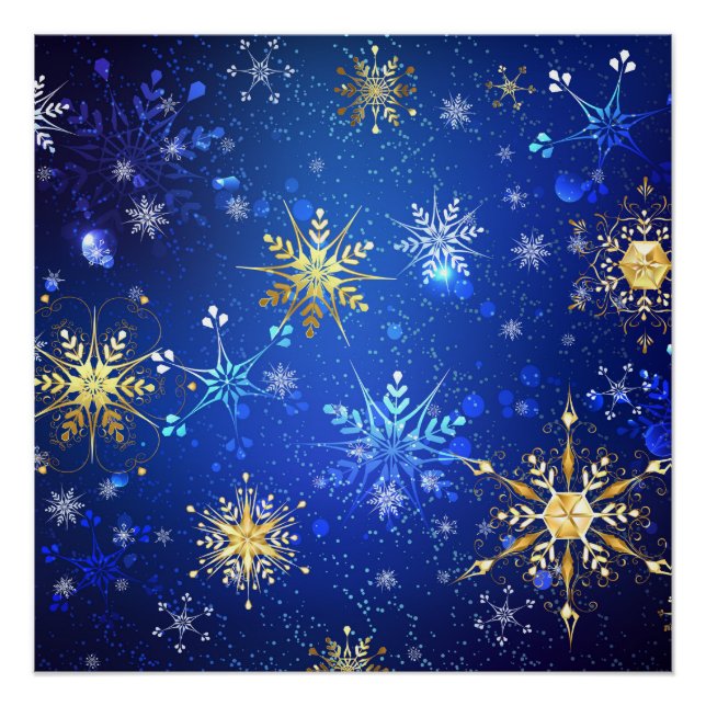 Póster Fundo Azul XMAS com Flocos de Neve Ouro (Frente)