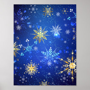 Poster Fundo Azul XMAS com Flocos de Neve Ouro
