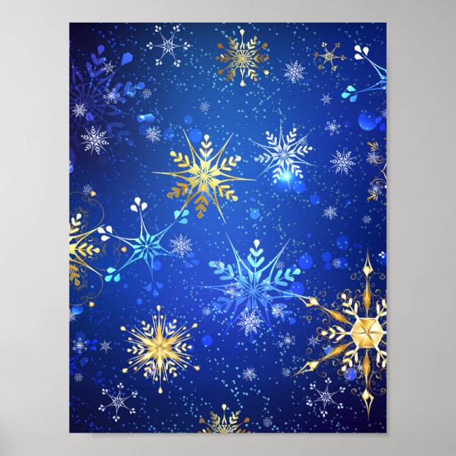 Poster Fundo Azul XMAS com Flocos de Neve Ouro (Frente)