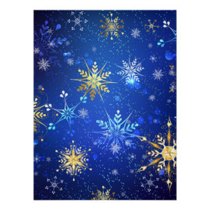 Póster Fundo Azul XMAS com Flocos de Neve Ouro