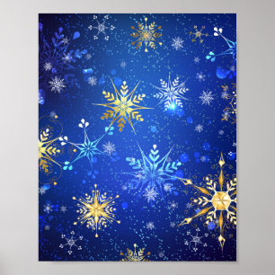 Poster Fundo Azul XMAS com Flocos de Neve Ouro