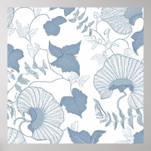 Poster Fundo Branco Delicar Flores Azuis Japonesas