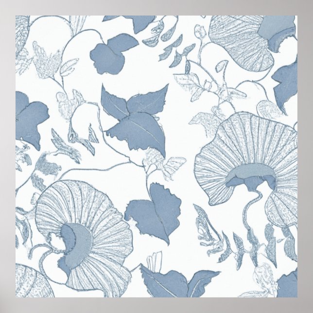 Poster Fundo Branco Delicar Flores Azuis Japonesas (Frente)