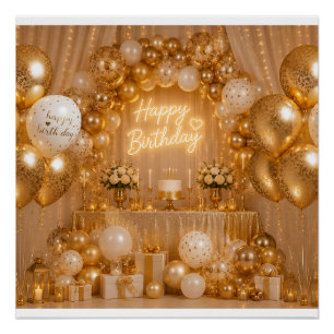 Póster Fundo de balão de aniversário elegante dourado e b