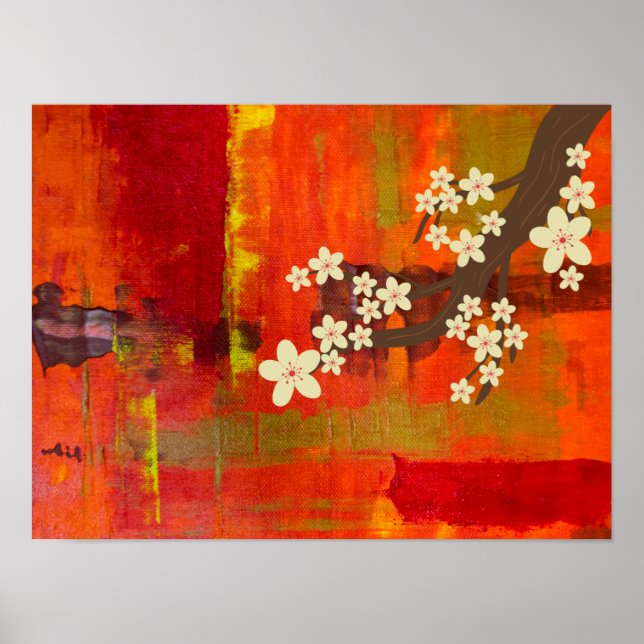 Poster Fundo de cor abstrato com flores brancas (Frente)