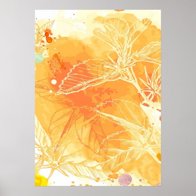 Póster Fundo de Cores de Água Vetor e Flores Tropicais (Frente)
