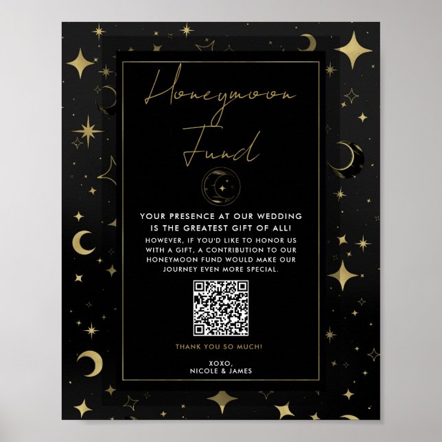 Poster Fundo de Lua Celestial de Estrelas Preto e Dourado (Frente)