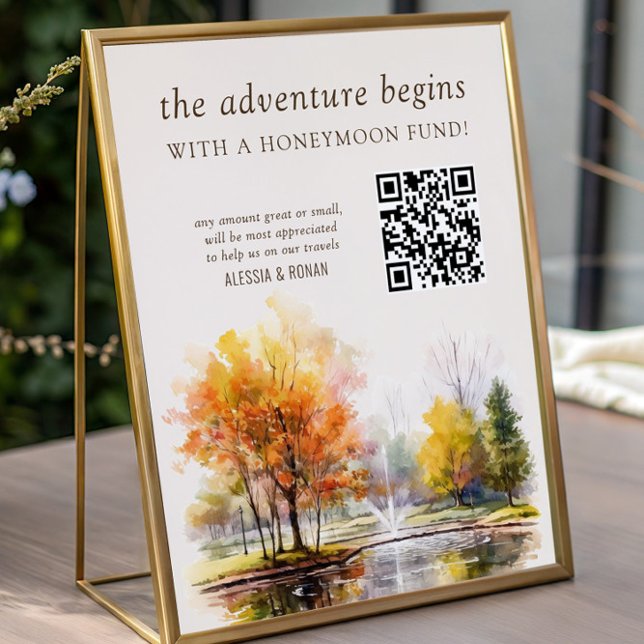 Poster Fundo de Lua de Mel Código QR Casamento no Campo d (QR Code honeymoon fund sign from the Fall Lake wedding collection by Darling & May)
