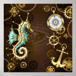 Poster Fundo de madeira com cavalo de mar mecânico