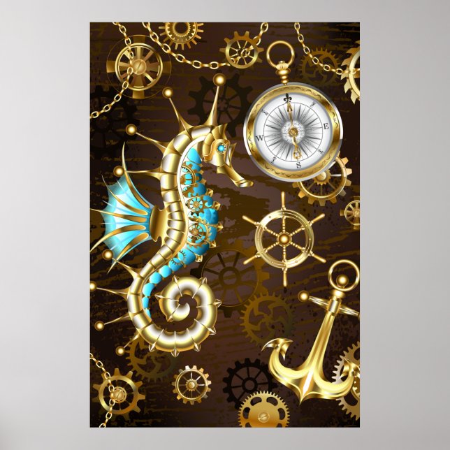 Poster Fundo de madeira com cavalo de mar mecânico (Frente)