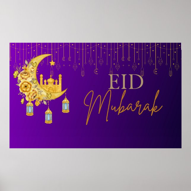 Poster Fundo do Eid Mubarak, Roxo e Dourado (Frente)